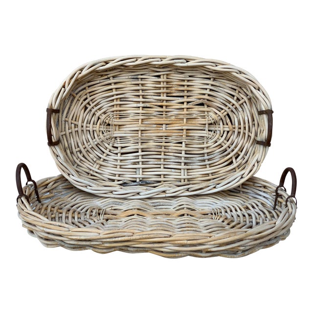 Large White Washed Tray Baskets With Iron Handles a Pair Chairish