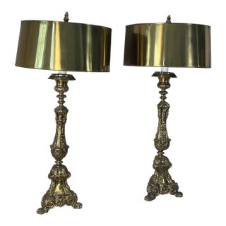 Antique Palatial Baroque Style Brass Lamps With Brass Shades - a Pair For Sale