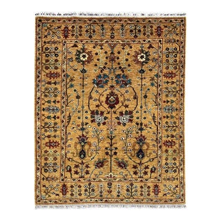 Persian Style Sultani Floral Wool Rug in Golden Beige, Burgundy and Blue, 5'2" X 6'6" For Sale