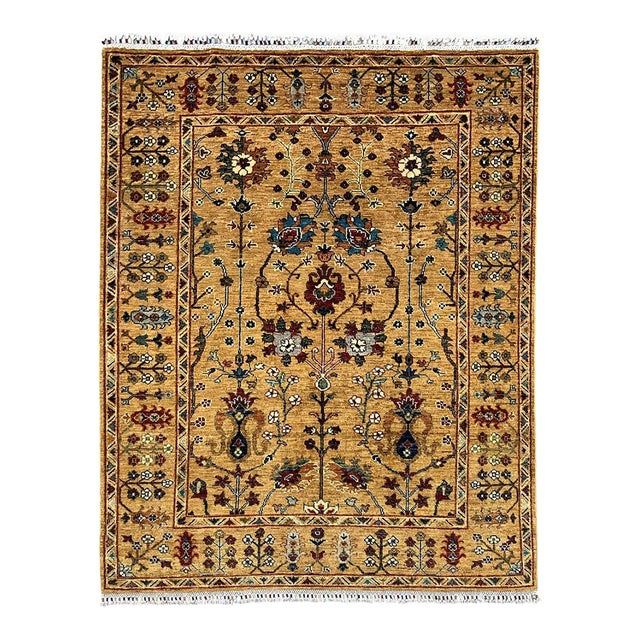 Persian Style Sultani Floral Wool Rug in Golden Beige, Burgundy and Blue, 5'2" X 6'6" For Sale