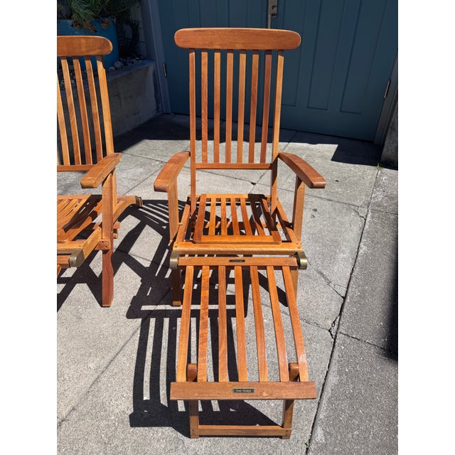 Mid-Century Modern Late 20th Century Pair of Folding Teak Deck Chairs With Queen Elizabeth, 1st Class Only Label For Sale - Image 3 of 16