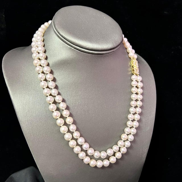Akoya Pearl Diamond 2-Strand Gold Necklace 7.5 mm 19.25" Certified For Sale In New York - Image 6 of 9