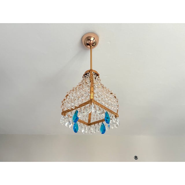 Vintage French Empire Brass & Crystal Pendant Light With Aqua Blue Drops - Pair Restored For Sale - Image 15 of 18