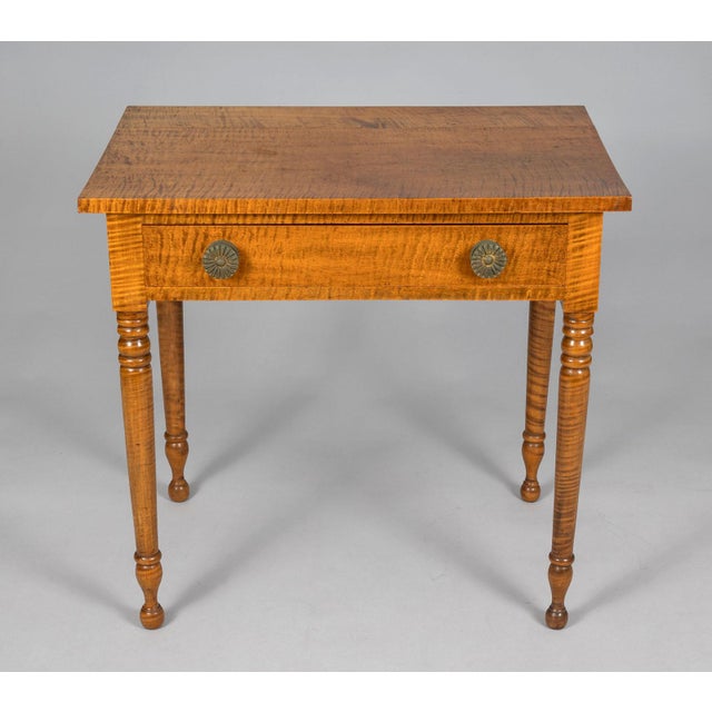 American late Federal tiger maple side or serving table with one drawer, very unusual partially gilded round knobs, raised...