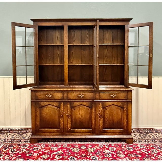Wood Antique English Large Bookcase Cupboard Cabinet Triple Door Glass Oak C. 1930s For Sale - Image 7 of 18