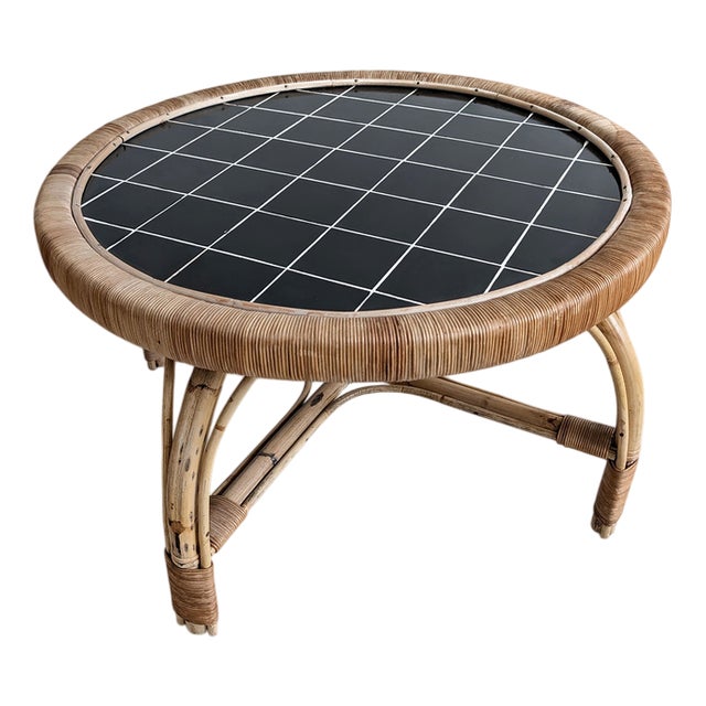 Round Black Tiled Rattan Coffee Table, 1960s For Sale