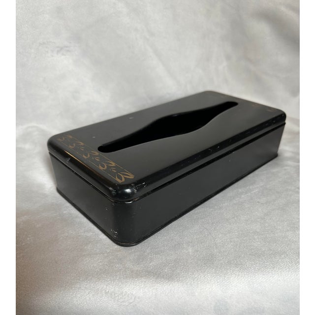 Vintage MCM Black Metal Tissue Box Holder or Cover Gold Leaf Detailing and Wall Mountable Holds horizontal tissue box with...