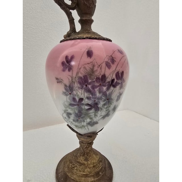 Victorian Early 20th Century Pair of Hand-Painted Glass and Brass Victorian Mantle Ewers For Sale - Image 3 of 5