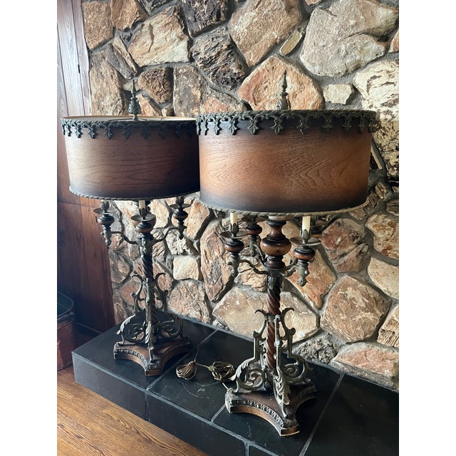 Pair of Monumental Spanish Colonial Style Table Lamps Wood & Wrought Iron Base Wood Veneer Lampshades with fleur de lis...