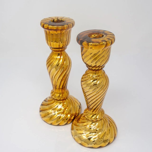 Glass 19th Century Gold Fluted Mercury Glass Candlesticks - Pair For Sale - Image 7 of 9