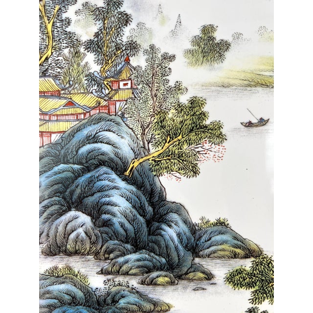 Traditional Chinese Carved Blackwood Wall Hanging Plaque Panel With Hand Painted Mountain Landscape on Porcelain (Shan Soi) , Signed For Sale - Image 4 of 12