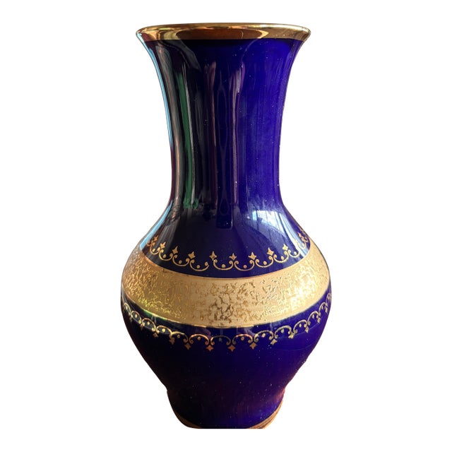 Vintage Cobalt Blue German Porcelain Vase With 22k Gold Embellishments (Circa 1960’s) For Sale
