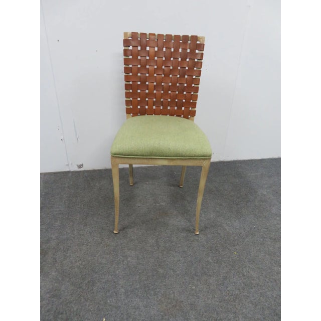 Harden furniture side chair, iron frame with cream crackle paint distressed finish , leather starp basket weave back,...