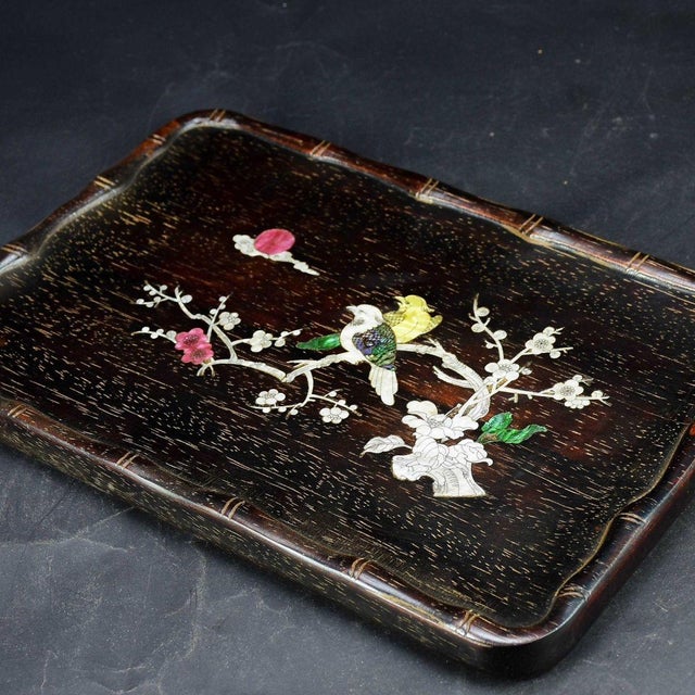 Vintage Zitan Wood Tray With Mother-of-Pearl "Magpie on Plum" Inlay For Sale In Los Angeles - Image 6 of 9