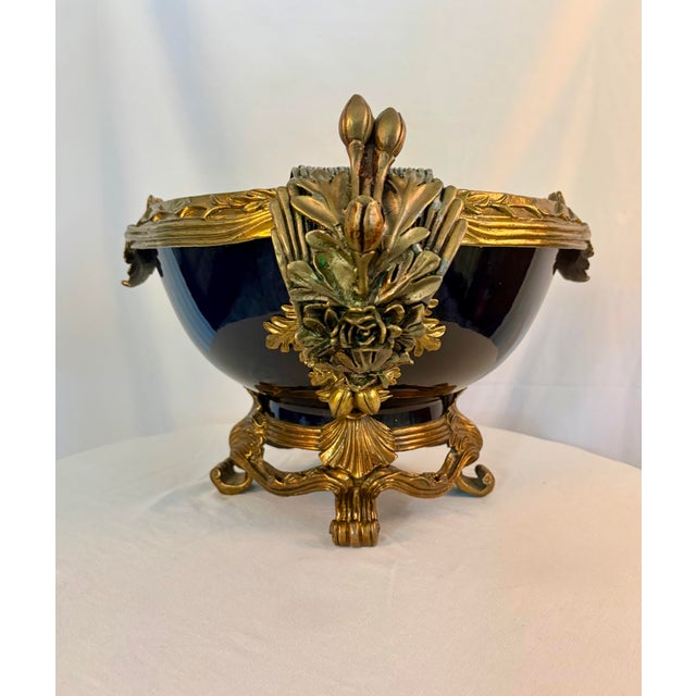 Mid 20th Century Vintage French Sèvres Style Cobalt Porcelain & Ormolu Centerpiece Bowl | Louis XV Revival For Sale - Image 5 of 10