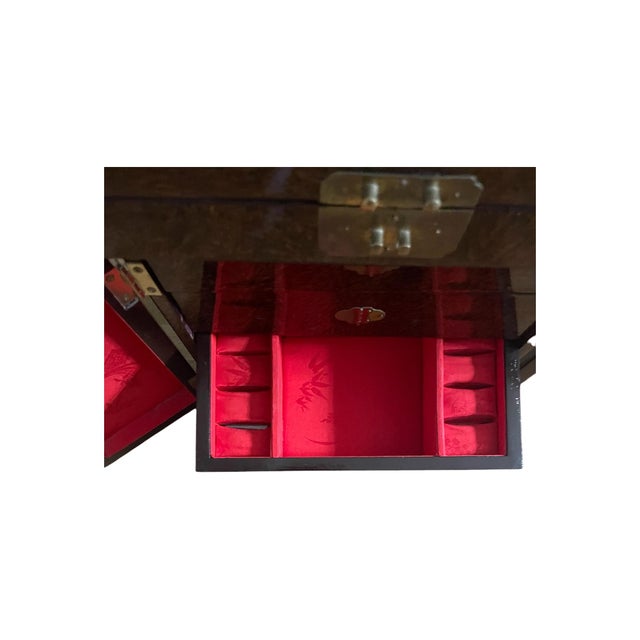 Vintage Midcentury Chinoiserie Brown Lacquer Shell Inlay Jewelry Box Cabinet For Sale - Image 11 of 15