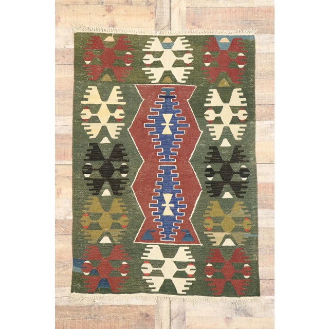 Army Green Vintage Persian Shiraz Kilim Rug, 03'10 X 05'06 For Sale - Image 8 of 9