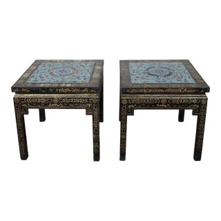 Early 20th Century Pair of Antique Chinese Cloisonne Table Top Sofa Side Tables For Sale