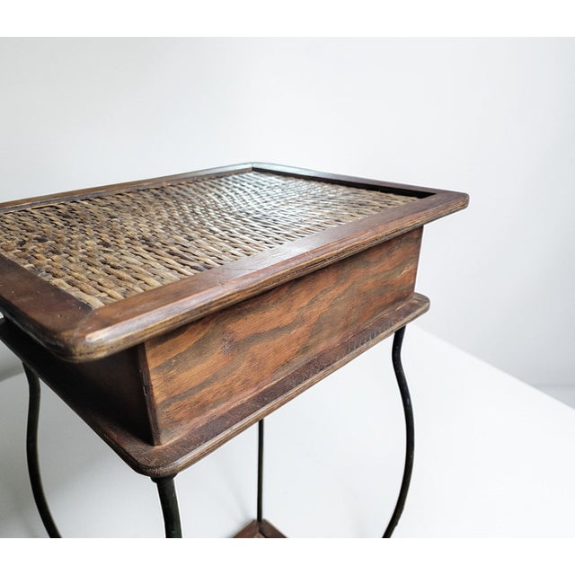 Vintage Mediterranean Revival Woven Rattan and Wood Side Table with Iron Base and Drawer, 1950s For Sale - Image 9 of 11