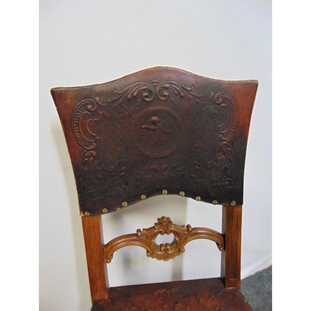 Early 20th Century Italian Renaissance Style Embossed Leather Walnut Chairs - a Pair For Sale - Image 5 of 10