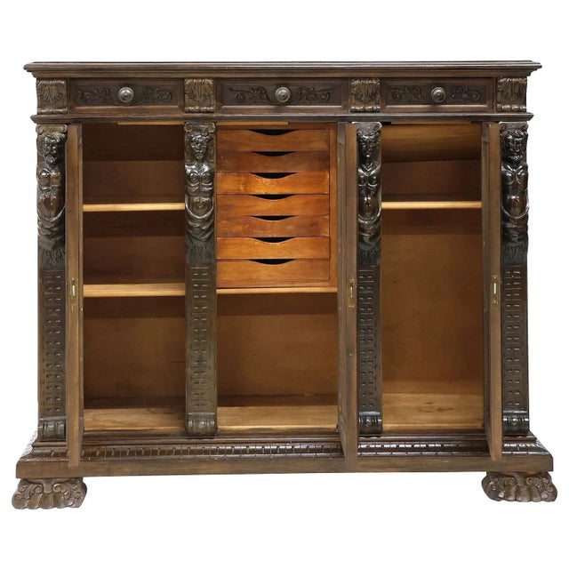 Server / Cabinet, Italian Renai. Revival, Carved Walnut, Figural Panels, C 1890! For Sale - Image 4 of 10