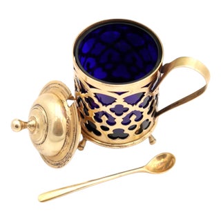 Silver Mustard Bowl with Blue Glass Core, Set of 2 For Sale