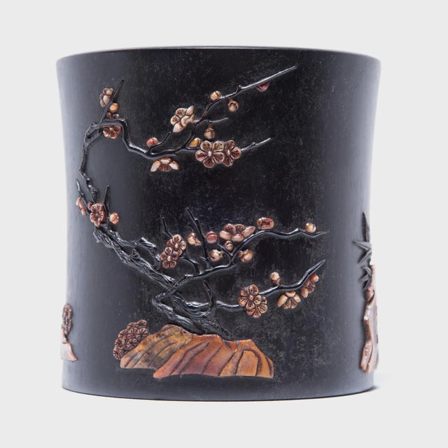 Chinese Hardwood Brush Pot With Stone Inlay, C. 1900 For Sale In Chicago - Image 6 of 6
