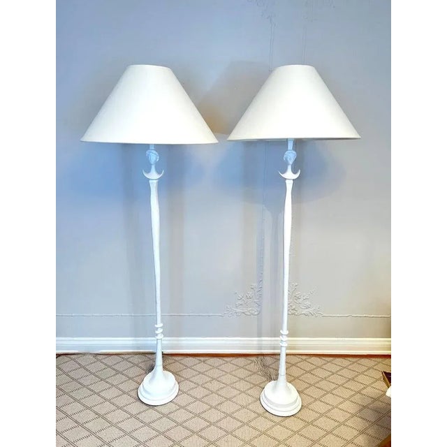 Metal White Gesso Over Bronze Floor Lamps in the Style Giacometti With Shades - a Pair For Sale - Image 7 of 8
