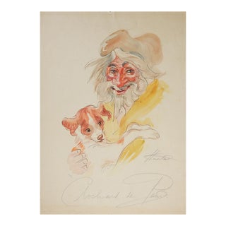Vintage French Street Art Portrait of Man and Dog Painting For Sale