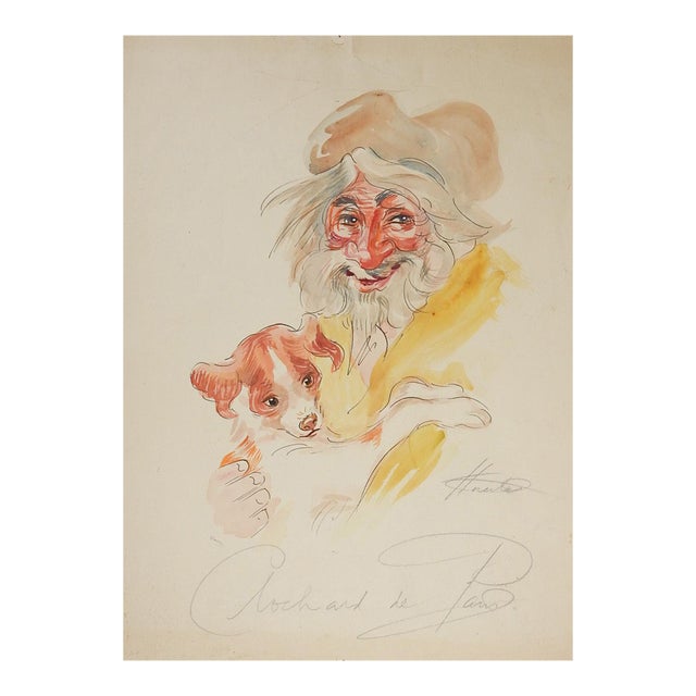 Vintage French Street Art Portrait of Man and Dog Painting For Sale