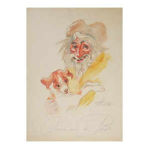 Vintage French Street Art Portrait of Man and Dog Painting