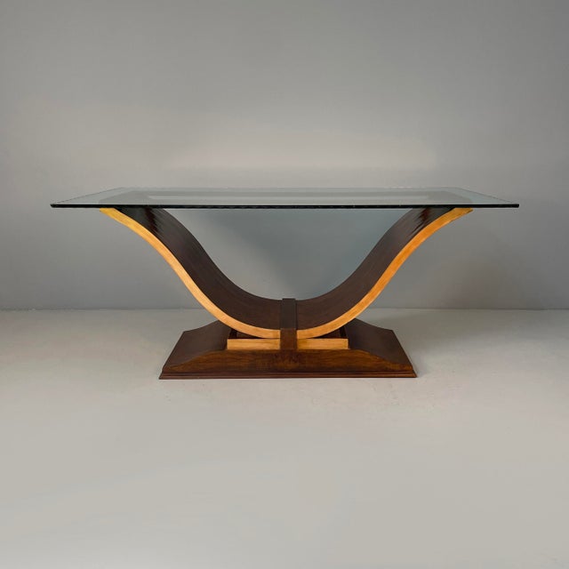 Italian Art Deco rectangular dining table in wood and glass, 1930s Dining table with glass rectangular top with arch motif...