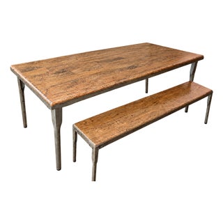 Arhaus Reclaimed Oak Table and Bench With Industrial Legs For Sale