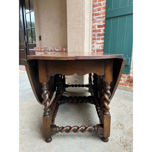 Antique English Wake Dining Table Drop Leaf Barley Twist Jacobean Oak Console For Sale - Image 18 of 18