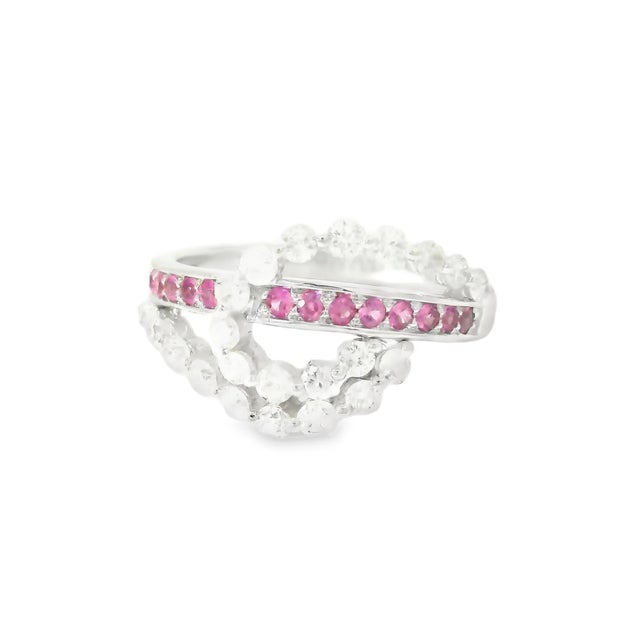 14K White Gold Diamond & Pink Sapphire Swirl Band Ring Elegant 14K White Gold Diamond & Pink Sapphire Swirl Band Ring...