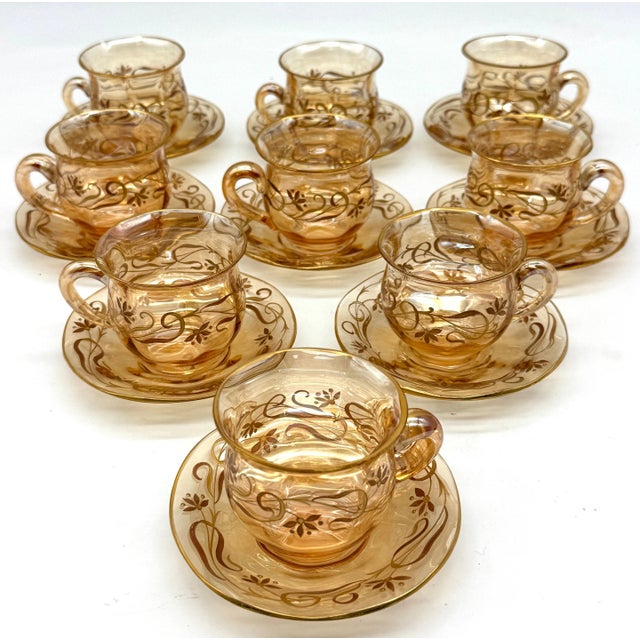 9 Art Nouveau Citrine Gilt Enamel Crystal Demitasse Cups & Saucers, Atrib. Moser For Sale - Image 15 of 18