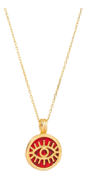 Coral & Gold Round Evil Eye Pendant Talisman Necklace