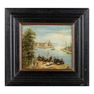 Antique Dutch Painting of a Harbor View Inspired by the Manner of Jan Brueghel or Joseph Van Bredael