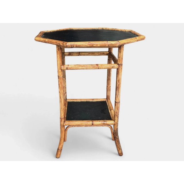 1970s Vintage Coastal Bamboo Octagonal End Table With Black Inset Shelves For Sale - Image 5 of 18