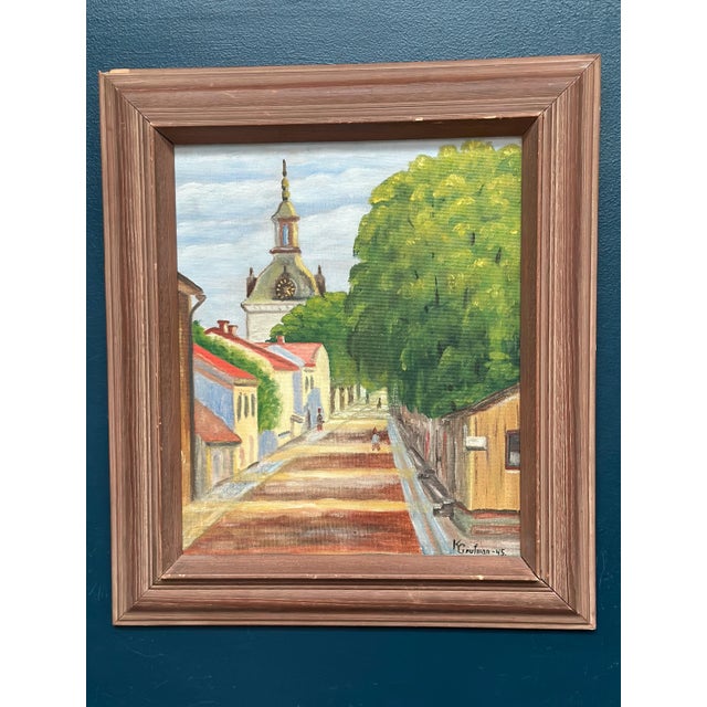 Kerstin Grufman, City Street with Church Tower, 1945, Oil Painting on Panel, Framed For Sale - Image 9 of 12
