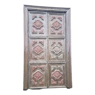 Large 8' Mediterranean Multipaneled Molding Bronze Covered Walnut Double Doors For Sale