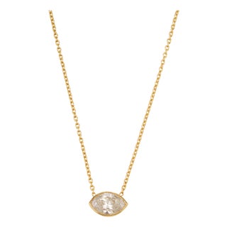 Handcrafted Marquise-Cut Diamond Solitaire Pendant Necklace in 14k Yellow Gold For Sale