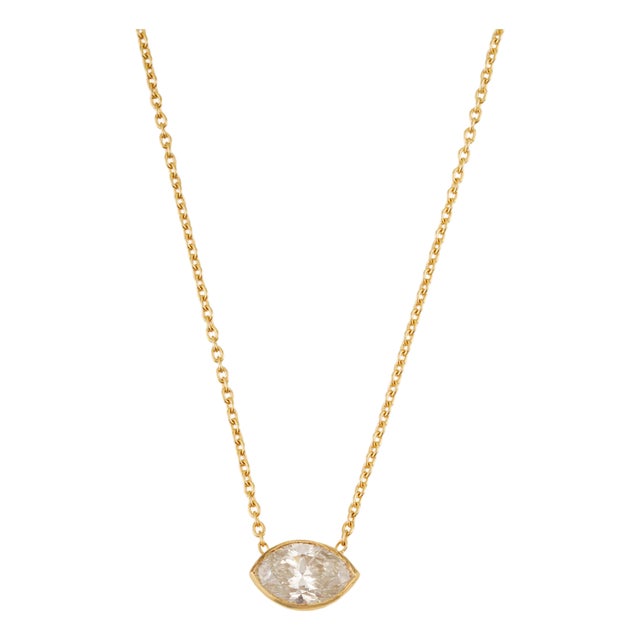Handcrafted Marquise-Cut Diamond Solitaire Pendant Necklace in 14k Yellow Gold For Sale