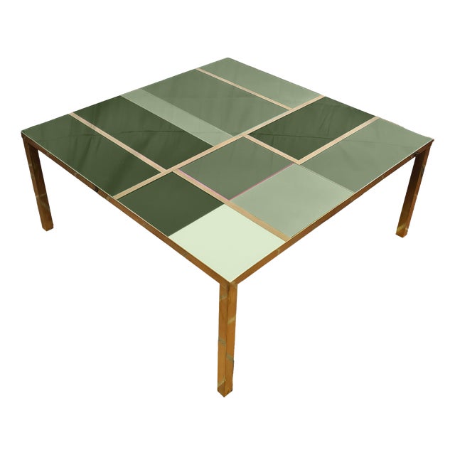 Square Coffee Table with Green Murano Glass and Brass Bands from Justfurnituress SRL For Sale
