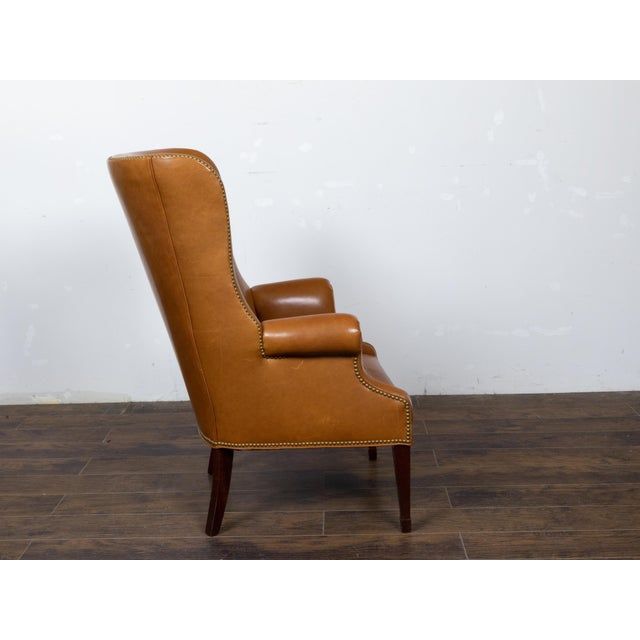 Metal English Brown Leather Wingback Chair with Brass Nailhead Trim, circa 1930-1940 For Sale - Image 7 of 12