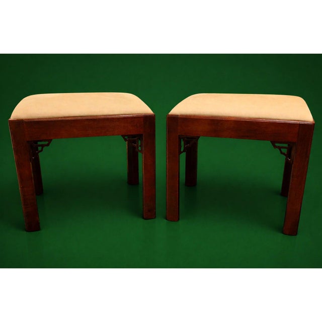 This Pair of Vintage W & J Sloane Ming-Style Hardwood Benches with Corner Spandrels, recently reupholstered, is a linear...