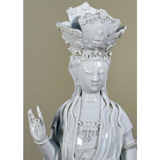 Ceramic Vintage Chinese Blanc De Chine Guanyin Porcelain Deity Statue on Lotus Pedestal For Sale - Image 7 of 14
