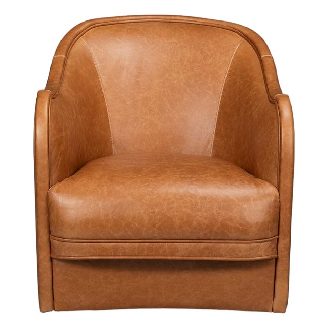 Barrel-Back Swivel Lounge Chair, Chestnut Brown Leather For Sale