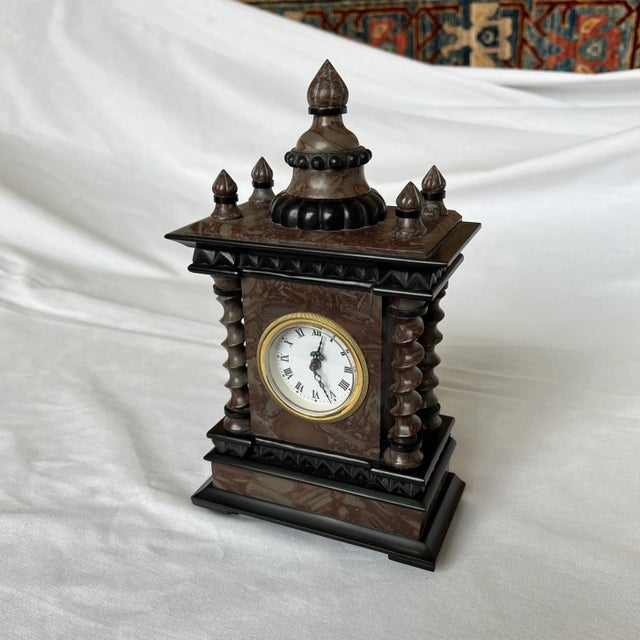 English Style Brass and Brown Marble Mantle Wind-Up Clock For Sale - Image 10 of 10