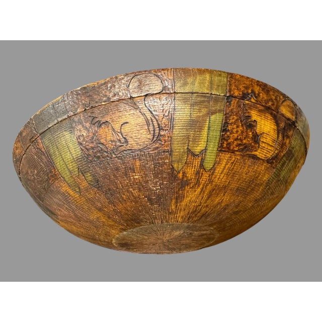 Brown Vintage Folk Art Wooden Bowl Pyrography Decoration & Engraved Squirrels For Sale - Image 8 of 8